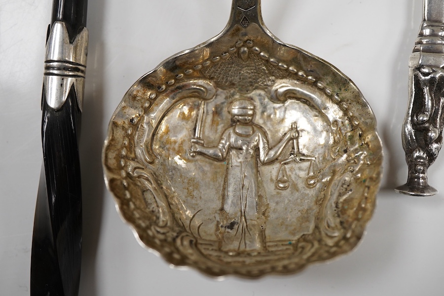 A pair of George III silver Old English pattern basting spoons, by Smith & Fearn, London, 1792, 27.4cm, with engraved crest, together with a George IV silver toddy ladle, with baleen handle, London, 1823 and three contin